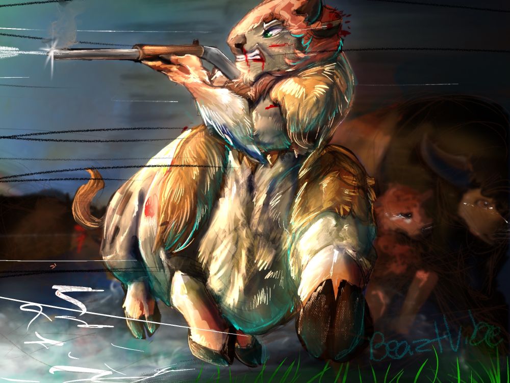 Drawn is a bison taur protecting a very recently partent short calf. In the background is the body of the headshot parent and next to tag'd is the calf and the remaining parent being body blocked by the donator's bison taur sona.