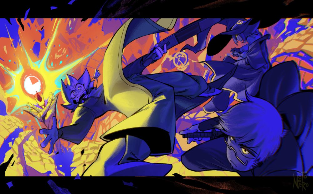 Eric is disoriented as a magic vampire warps the dimensions in their vicinity and causing ripples of chaos. There are also two other people, Kugi (serious faced) and Uro (one with the wizard hat) steadily ready for the fight