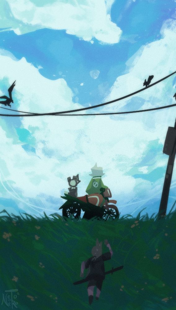 Eric and Malac stopping on the middle of a road covered mostly in grass, admiring the clouds above. Streets is also there (and has been chasing them by foot for an hour)