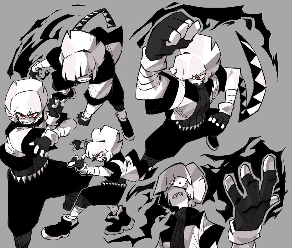The image depicts an OC named Tora doing various poses, black and white in appearance for the most part save for his red pupils. He wears a black sweater with an overcoat and ties his trousers with an exotic belt. 