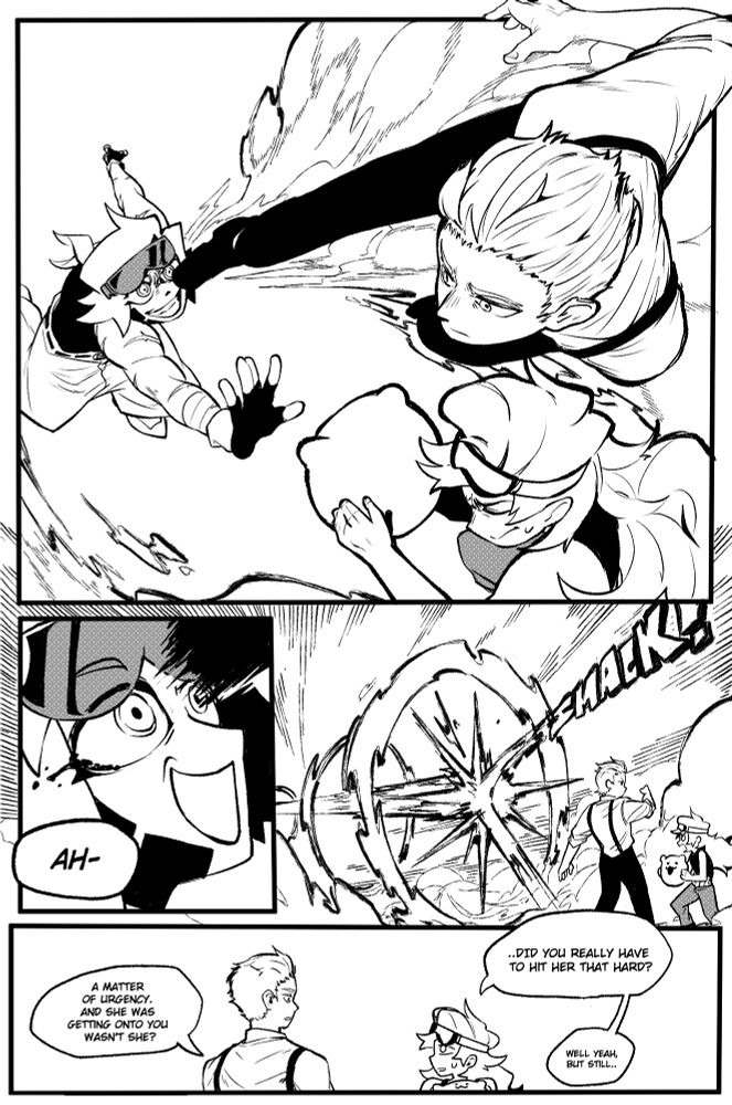The comic page shows a disguised Kyes about to kick Eric in a stopped motion in time, with Mir bracing unknowing of Kyes being beside her. Eric is then evidently thrown away by the kick, only noticing miliseconds before impact. Mir is surprised, but also questions if he needed to hit her that hard. Kyes refutes with saying that she was getting onto Mir.