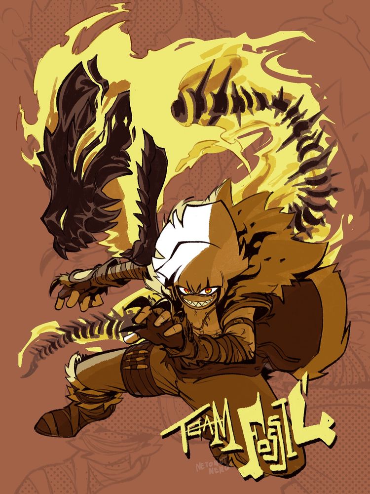 An angry more hunter-esque Tora, wearing fur clothing and summoning a bony and fiery spirit of a supposed dinosaur skull