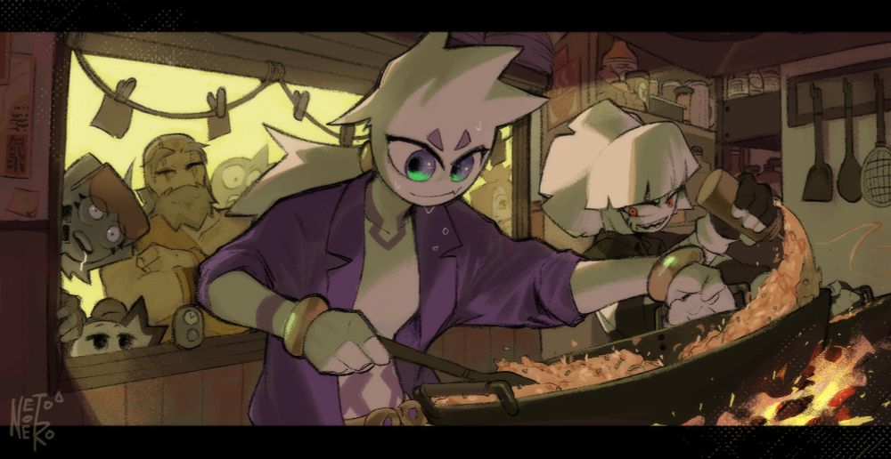 Tate's incredibly super cool incredibly fantastic oc named Skye having a cooking competition against Tora with Yonzu as the judge. There are others observing as well, with Eric drooling slightly. The restaurant's kitchen is lit with a dawning sunlight.
