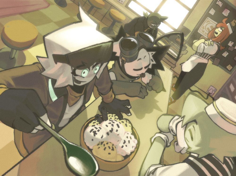 Eric and Malac are enjoying ice cream delicacies, while Streets is contemplating on what ice cream he should get. Orkarid, one of the ice cream workers is contently watching them eating, while his co-worker Sequoi is groaning impatiently waiting for Streets to make his choice.