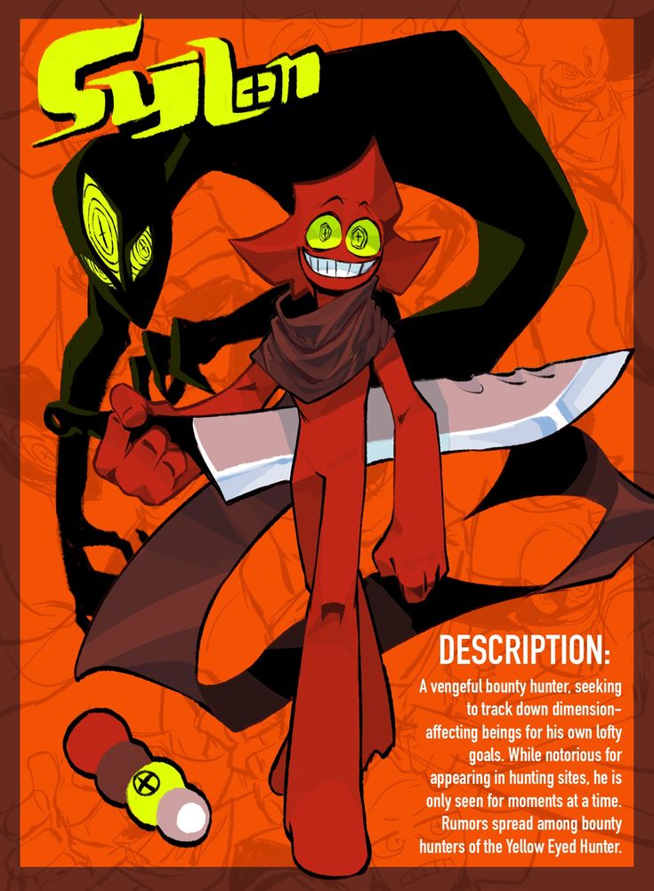 A render of a red stickman named Sylon, holding a comically large knife behind his back and a shadowy apparition with three eyes stands behind him 