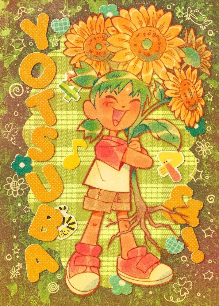 Collage of Yotsuba from Yotsuba&! holding sunflowers and stand in front of a plaid pattern on a leafy background. There are stickers floating around her.