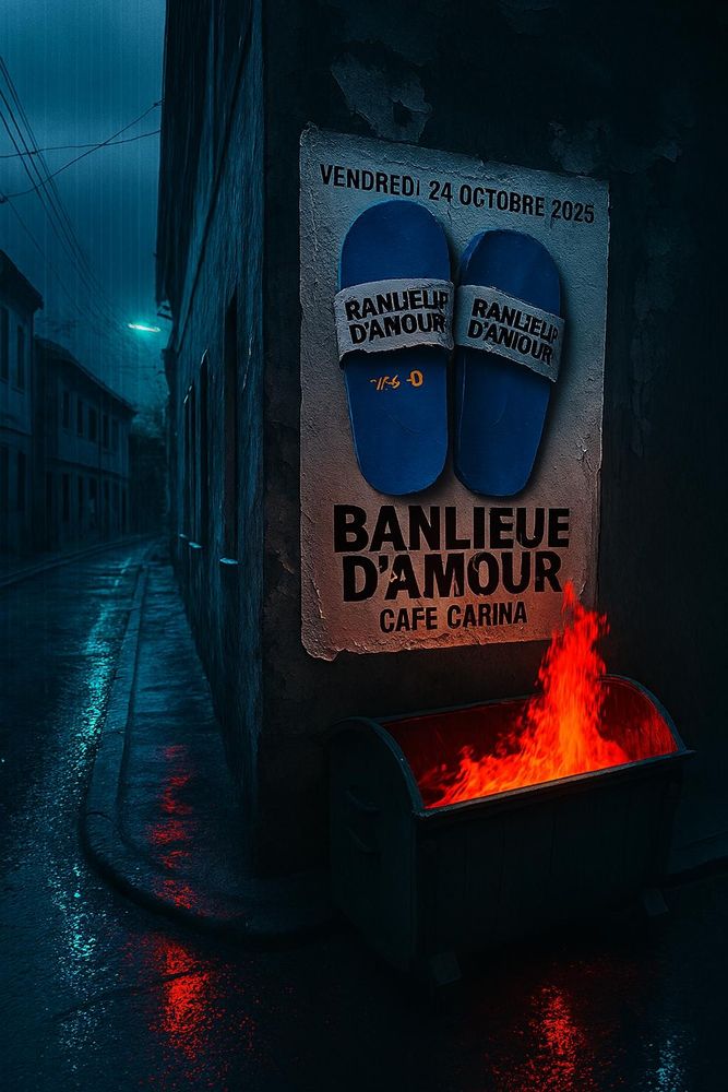 Verregnete, düstere Strasse Ecke an der ein Plakat mit der Ankündigung eines Konzertes prangt, nämlich "Freitag den 24.10.2025 BANLIEUE D' AMOUR Café Carina" Darunter ein brennender Müllcontainer. 