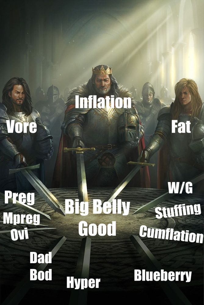 A meme version of Galan Pang's Illustration for the mobile game "Kingdoms of Camelot" where a king and his many knights have their swords united around a table. Un-meme'd art can be found here: https://www.artstation.com/artwork/cover-art-for-kingdoms-of-camelot-by-kabam

The meme consists of each sword/knight representing a different kink, Inflation, Vore, Fat, Preg, Mpreg, W/g, Stuffing, Cumflation, blueberry, dadbod, hyper, all putting their swords into the center around the text "Big belly Good"