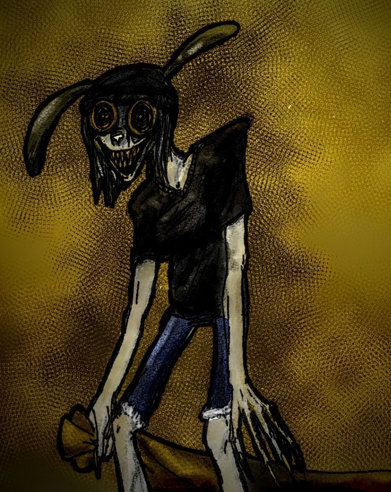 An elongated cryptid version of my persona, a rabbit with a beanie and hair.