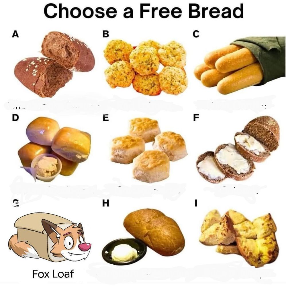A meme about chain restaurant brands, with the names blurred out, except one that's a fox in a loaf of bread that says "Fox Loaf"