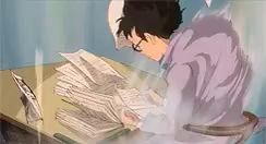 a cartoon of a man sitting at a desk with a pile of papers on it .