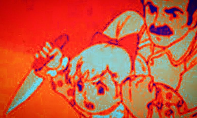 an image all in red of someone holding back a little girl welding a big knife over her head 