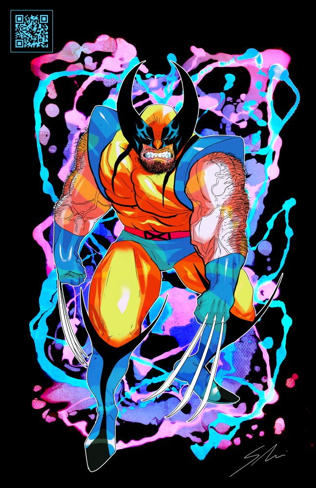 A muscular superhero (Wolverine) in a classic yellow and blue costume crouches low to the ground, ready to strike. His piercing gaze is intense beneath a mask with sharp, black wing-like accents. Three metallic claws extend menacingly from each hand, gleaming against the dark background. The character’s rugged build and fierce posture exude power and primal energy.