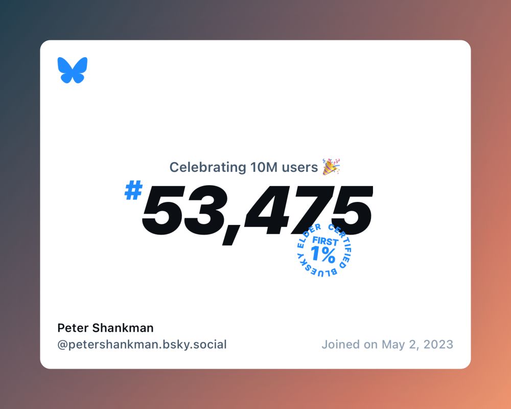 A virtual certificate with text "Celebrating 10M users on Bluesky, #53,475, Peter Shankman ‪@petershankman.bsky.social‬, joined on May 2, 2023"