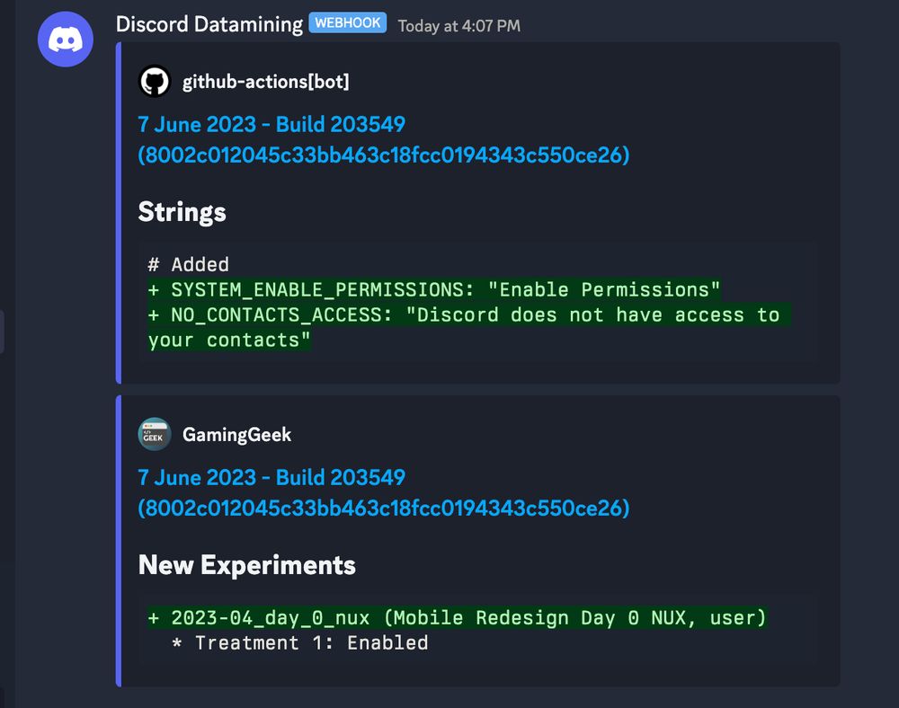 Discord webhook mirroring two comments on commit titled "7 June 2023 - Build 203549 (8002c012045c33bb463c18fcc0194343c550ce26)" from the Disccord datamining repository.