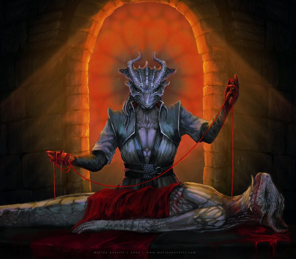 the piece shows a dragonborn cleric in front of a body lying on a table, the body is a copy of himself. the cleric is standing in front of an open window that showers them in warm light. the cleric is holding a red bloodied thread. the body is oozing blood from the mouth and is covered by a red cloth.
the piece is about the Dark Urge, a custom playable character from the game Baldur's Gate 3- this character, Scipio, is a redeemed dark urge, and a cleric of bahamut.