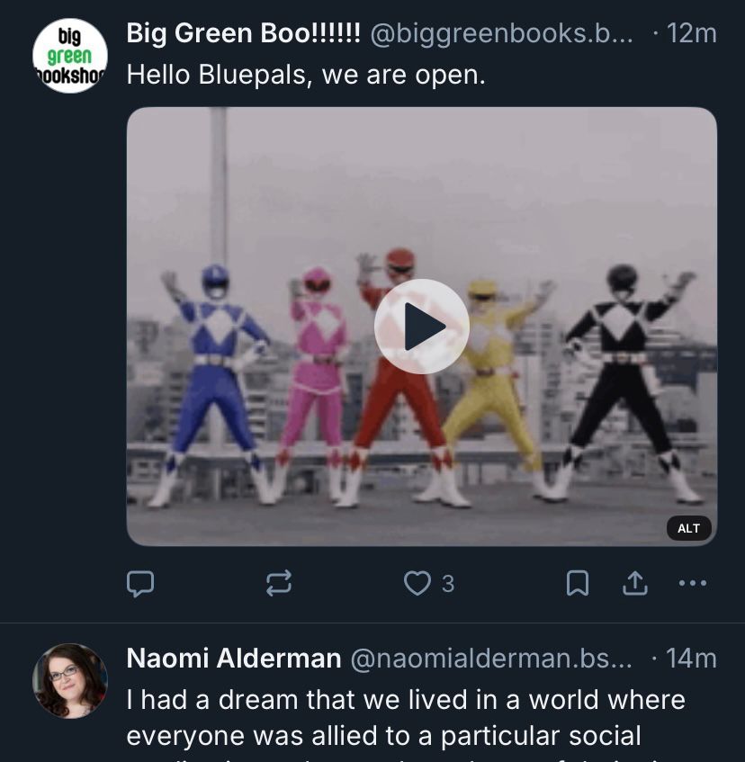A screenshot of the BlueSky feed showing a still from Power Rangers