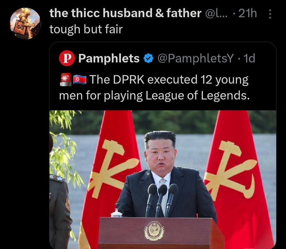 Quote tweet; tough but fair

Headline:
🚨🇰🇵The DPRK executed 12 young men for playing league of legends 