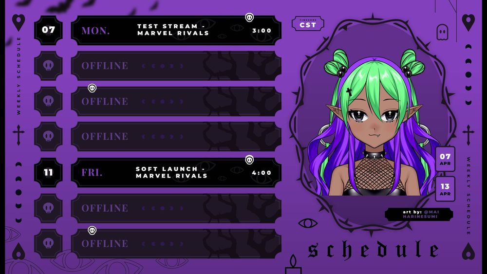 PNG streamer Cimone's Cutesy Coven schedule for the week (all times in CST):

April 7th - Test stream with Marvel Rivals at 3pm

April 11th - Soft launch with Marvel Rivals at 4pm