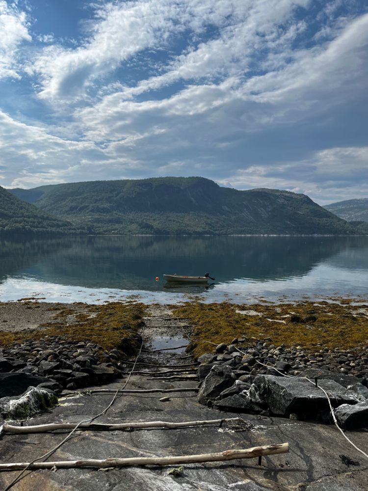 En båt ligger vid en boj i en fjord. Vattnet är spegelblankt.
