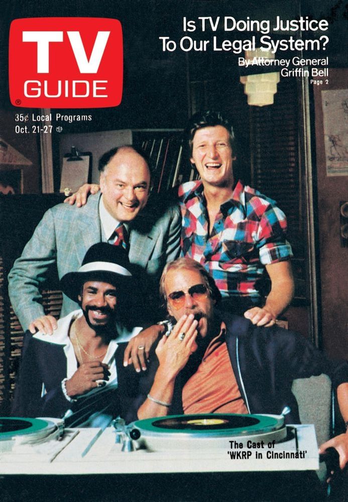 TV Guide cover featuring Mr Carlson, Andy, Venus and Johnny from WKRP in Cincinnati 