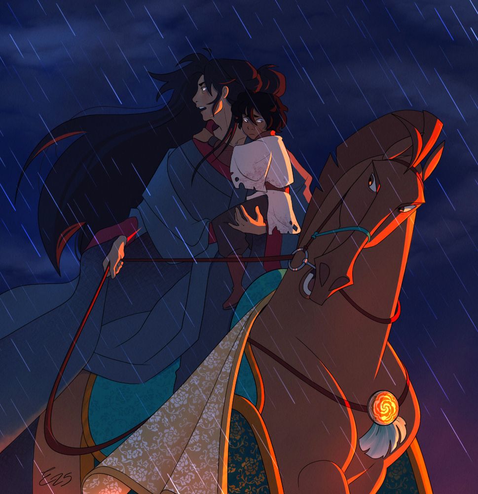 A colored illustration of Wei Wuxian carrying a young a-Yuan, riding a horse he's taken from the Jin soldiers. Wei Wuxian is calling out to someone off-screen, while a-Yuan makes uneasy eye contact with the horse. It is raining, and the dramatic lighting implies a fire off-screen. 