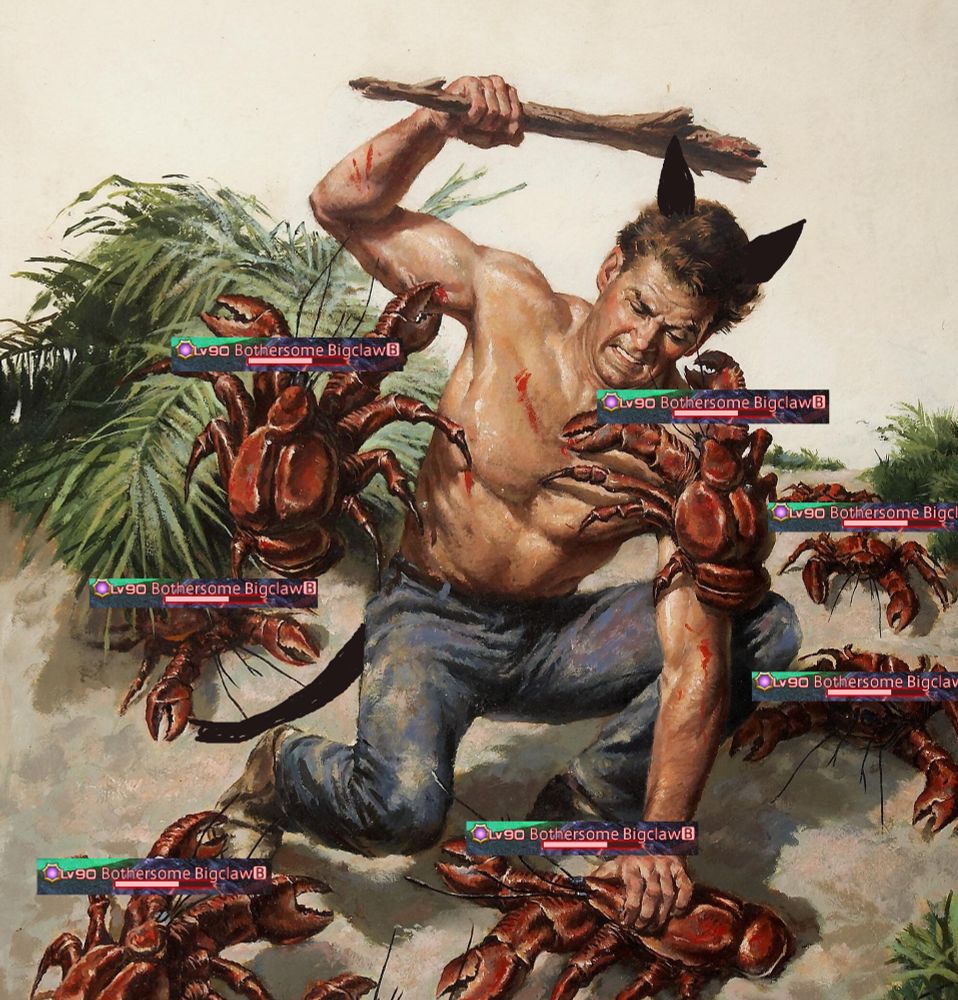 A Miqo’te man is beating down crabs, each with their varying health bars. 