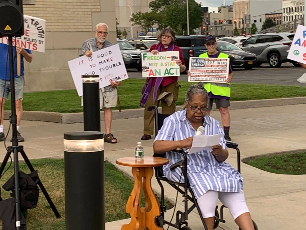 Mrs. Freddie Hamilton speaking at a "Good Trouble Lives On" rally on July 17, 2025, in Utica, NY.