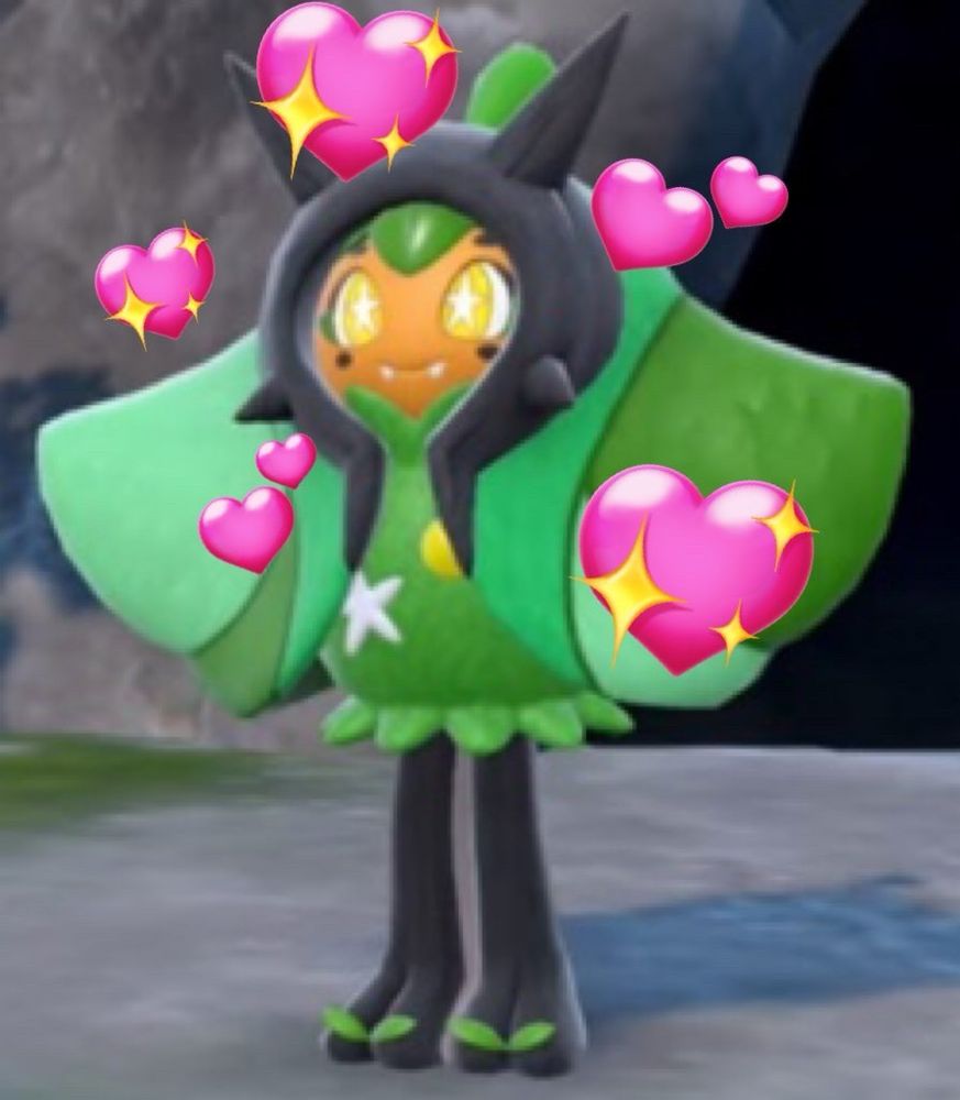 Ogerpon from Pokemon with hearts surrounding her.
