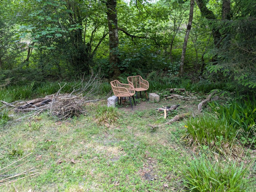 A photo of two chairs and a pile of wood in the middle of a clearing surrounded by trees, 
