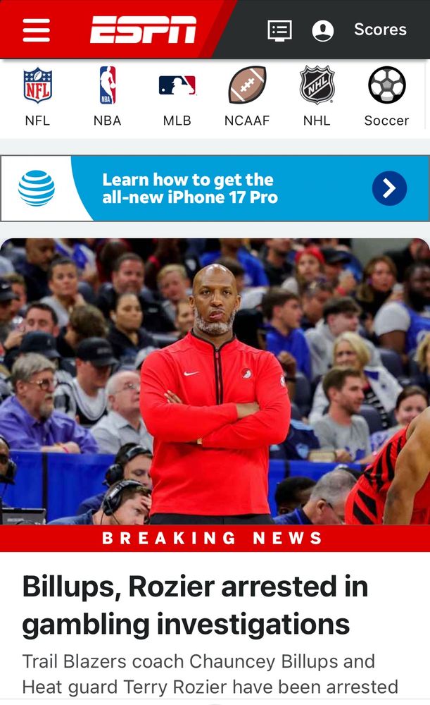 Espn screenshot, NBA gambling arrests. 