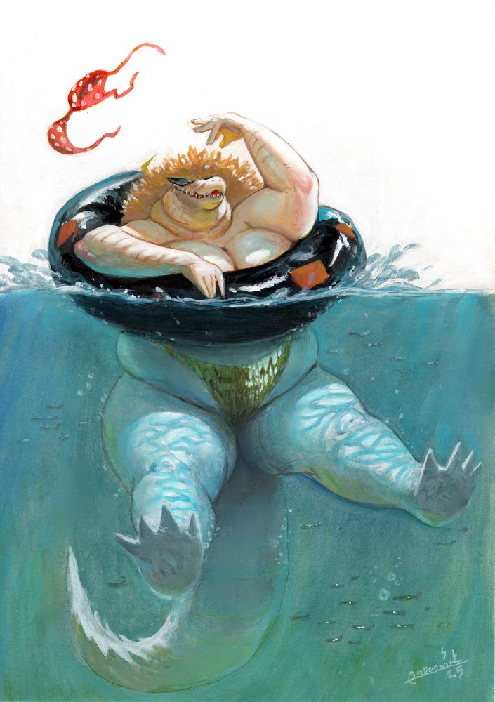 a big albino crocodile lady taking a splash in an inner tube, while tossing her top behind her.