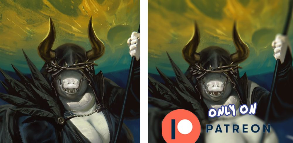 The cropped bust (lol) of an albino crocodile lady. There are two versions, the one on the right is blurred and the words "only on patreon" cover her.