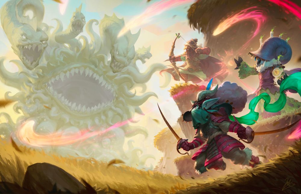 A satyr-like sylvan, Mothma occultist, and birdling hunter are assailed by a monster with a large mouth and three hydra heads