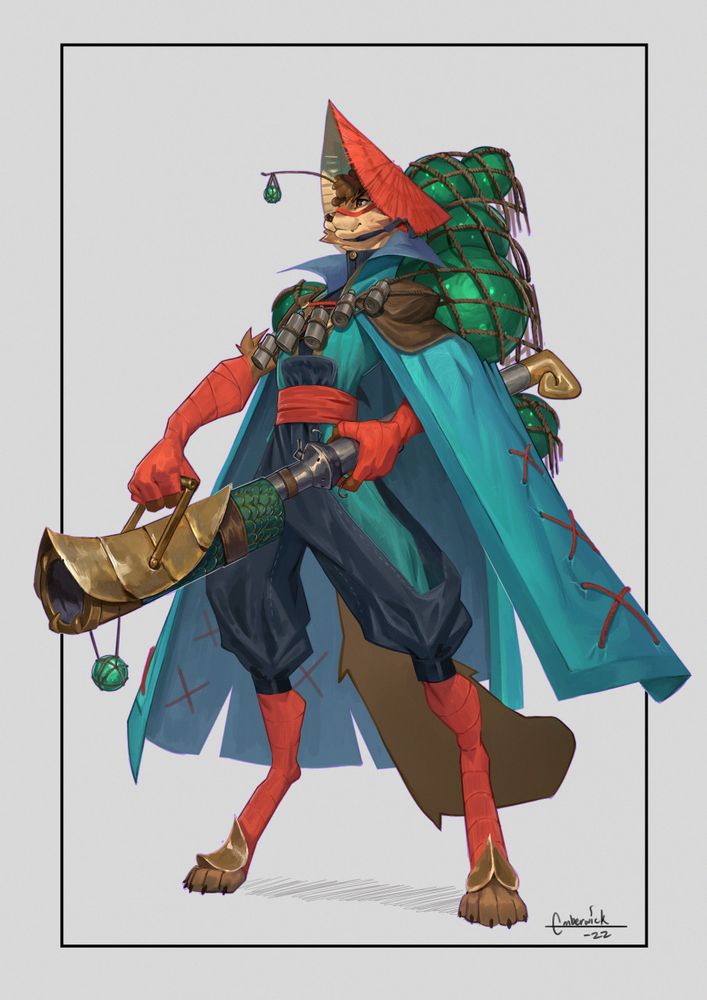 a pinemarten in a teal cloak holding a large canon