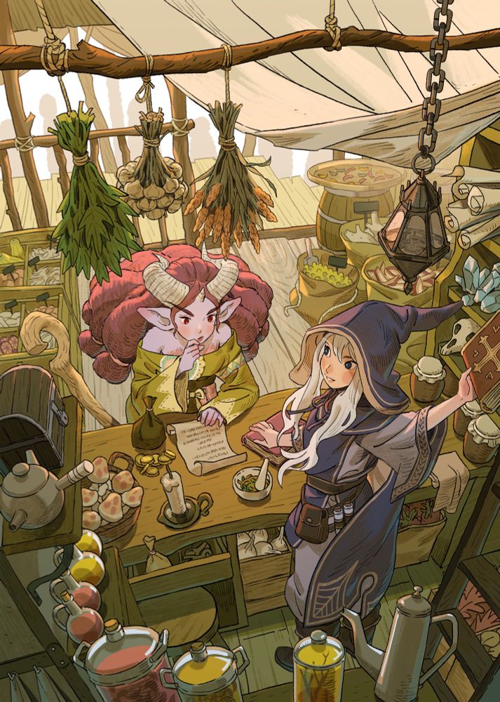 A sylvan does business inside the crowded shop of a manling merchant 