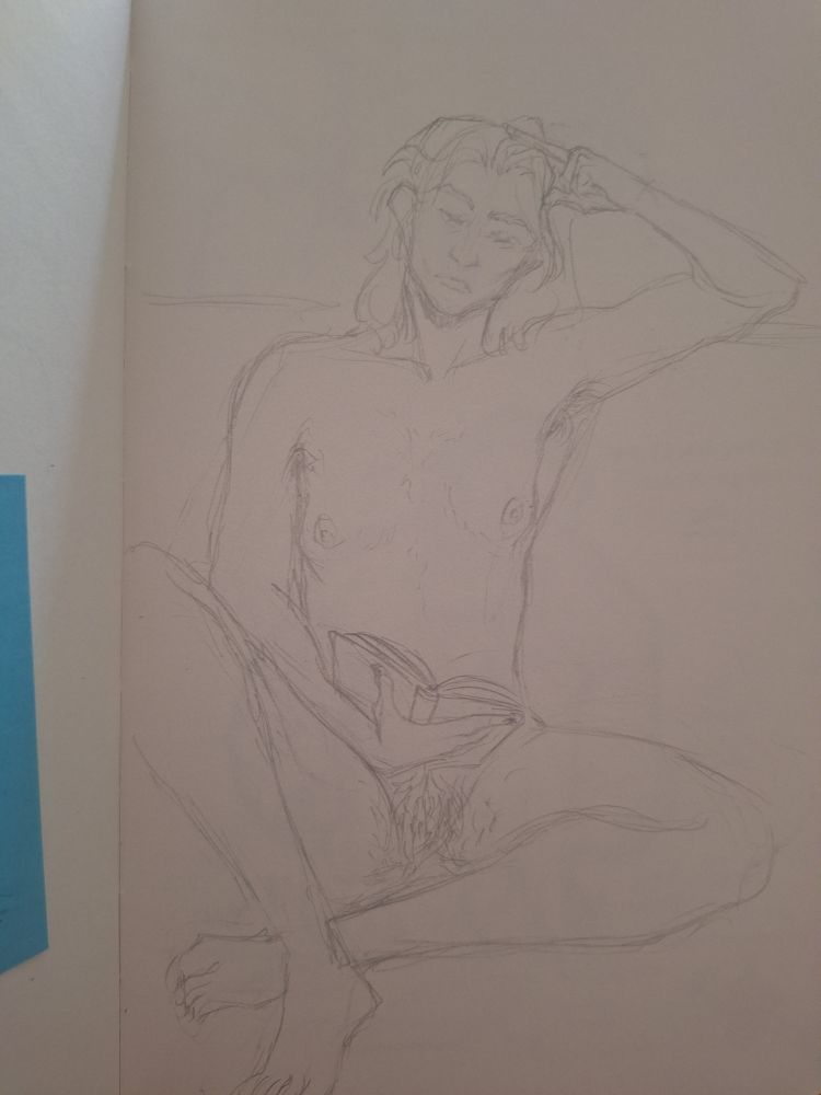 wip sketch of young trans silco sitting on a bed naked, reading a book and propping his head up with his end 