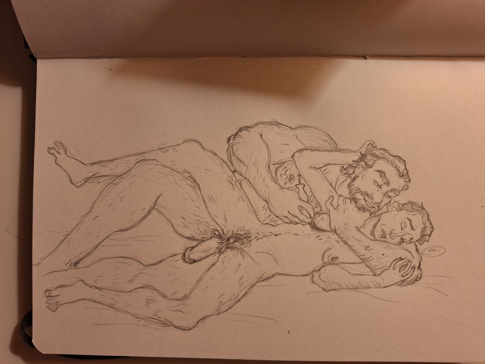 middle-aged Silco and Vander lying on their side on a bed, they are both naked. Vander is holding Silco from behind, his arm under his head and hand grabbing his shoulder, stroking his chest with a shimmer brush. Silco is transmasc non-op :) Vander is keeping Silco's thighs apart with his own and his cock is resting on his thigh.