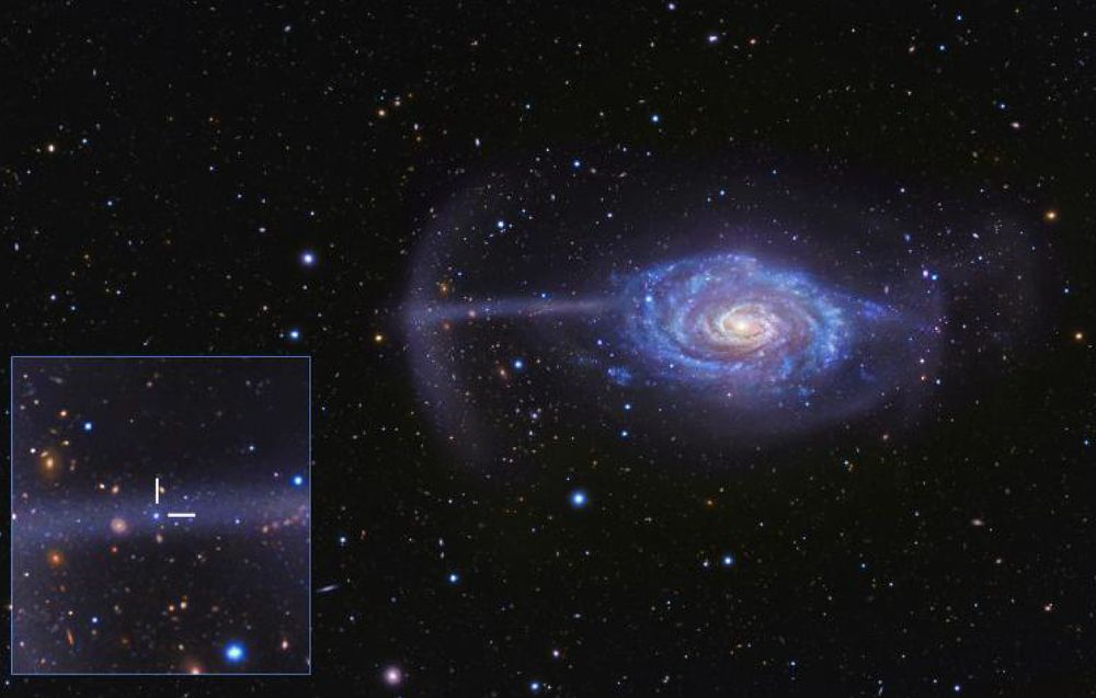 A nearly face-on spiral galaxy sits at the center of the frame, on a field of stars. It has a yellow center and blue spiral arms that twist clockwise around the galaxy. Surrounding the galaxy is a faint, oval-shaped haze of stars. In the left of the oval is a line and an arc, which resemble the shape of an umbrella. An insert shows a closeup of the line and the location of a star cluster, seen as a white dot.