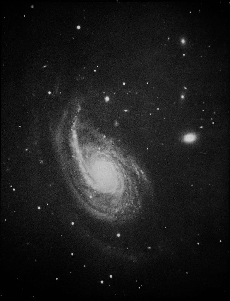 A grainy, black and white image of a nearly face-on spiral galaxy. Appearing somewhat like an aerial view of a hurricane, the galaxy's spiral arms swirl around a bright center. The curling arms are defined by dark dust lanes. While the arms in the right half of the galaxy are somewhat poorly defined, in the left of the galaxy, one overdeveloped spiral arm curves clockwise from about 6 o'clock to about 11 o'clock. Since this arm flattens out near its end, in contrast to the rounder right half, the overall shape of the galaxy resembles a paisley. To its right, near the center, is its small companion galaxy, seen as a fuzzy oval. The black background of space is filled with many white dots which are stars.