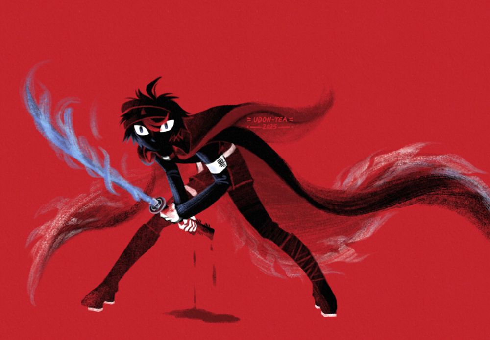 Drawing of Takumi in his class armor and billowing cape against a bright red background. He holds a flaming blue sword in an animalistic hunched pose,  body and face shadowed except for wide, glowing eyes.