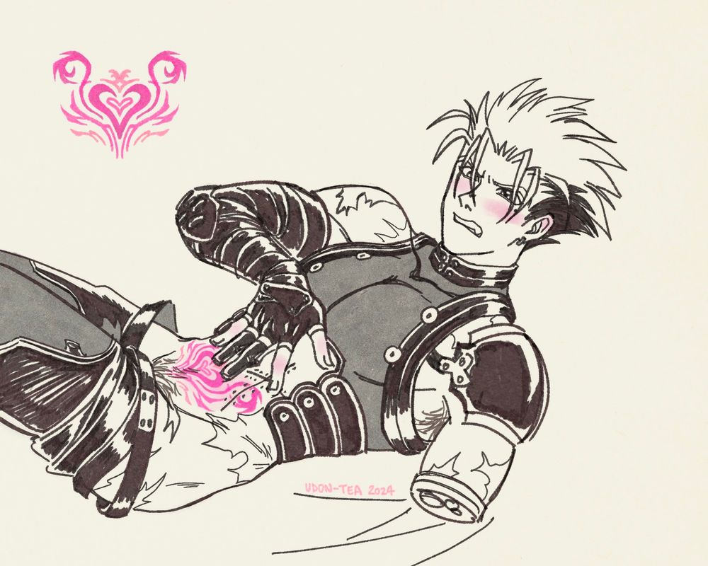Digital drawing of Vash in his skintight leather outfit, lying down, pants partway off his hips, blushing and gritting his teeth. A pink, heart-shaped tattoo glows over his lower abdomen.