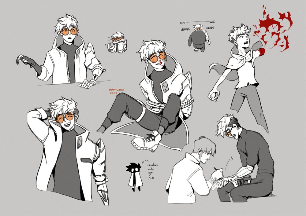 Various monochrome sketches of Vash from Trigun Stampede.