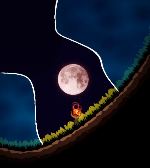 The moon framed above a torch in a swimmy metroidvania level. There is water  on the sides of both the torch and the moon. The moon has a slight orange tint.