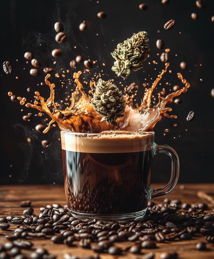 Photo by Mike Robinson, The Researcher OG, of Cannabis Buds falling into a cup of coffee
