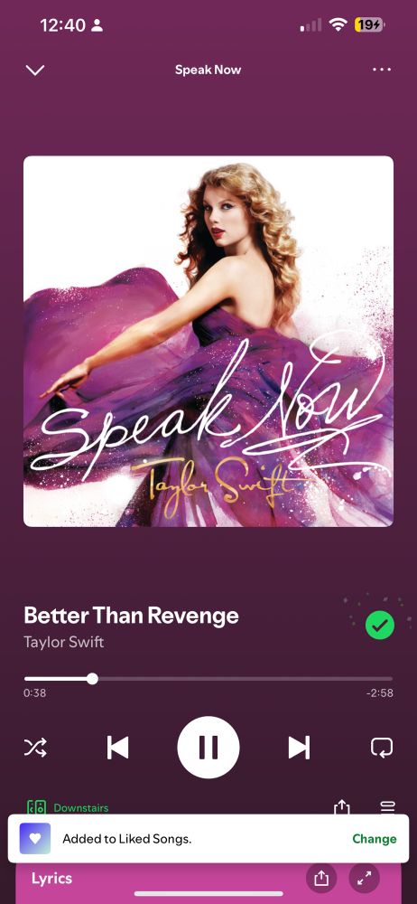 Screenshot of Taylor Swift’s OG “Better Than Revenge” on Spotify, for the cover art she is wearing a purple flowy whimsical dress with the works speak now on the front and her name at the bottom