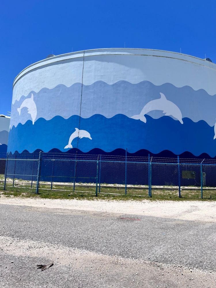 Dome on Pensacola beach with different blue colors in a pattern with painted dolphins on it 