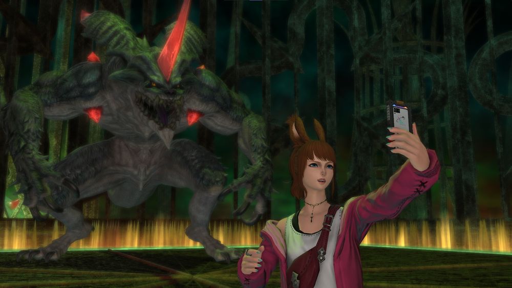 A young woman films herself with a phone. She stands in front of a monstrous Proto-Carbuncle.