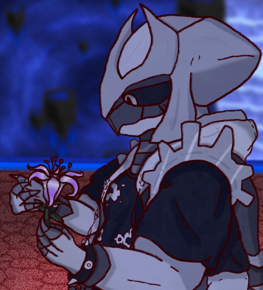 An anthro Giratina with a monochrome color scheme holding a special lily with iridescent purple petals that grow within the Distortion World