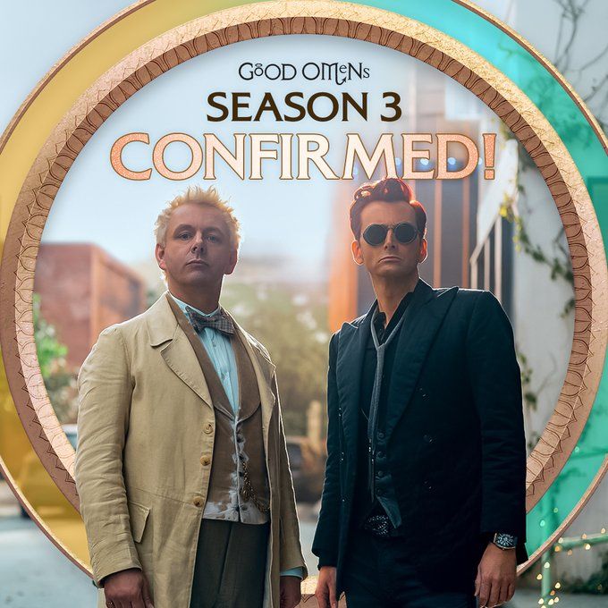 Aziraphale and Crowley with the text saying Good Omens Season 3 CONFIRMED!